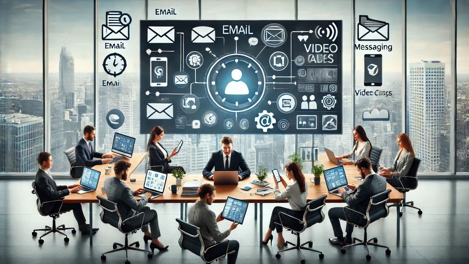 DALL·E 2024-11-06 20.26.35 – A modern office setting illustrating various communication channels in a business context. There is a large, central digital display screen showing ic